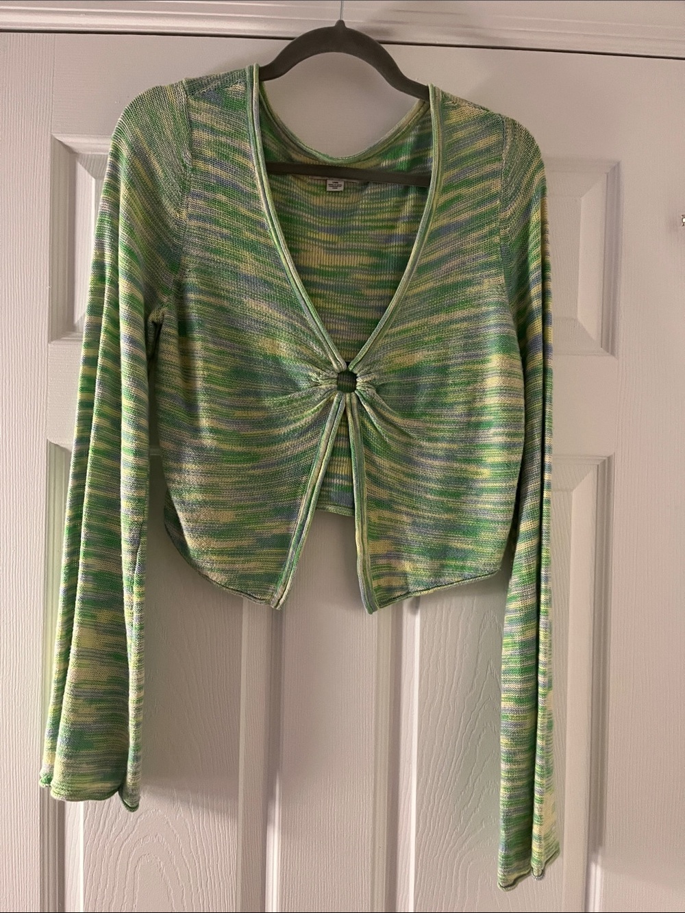 American Eagle Whimsicore Green and Blue Bell Sleeve Cropped Cardigan